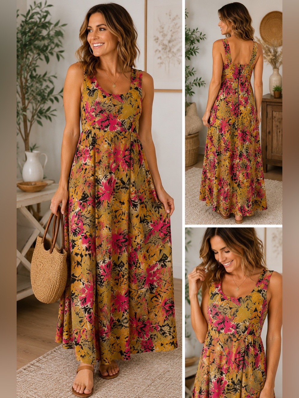 Vintage Floral Maxi Dress Boho Cottagecore Fall Sleeveless Size Small